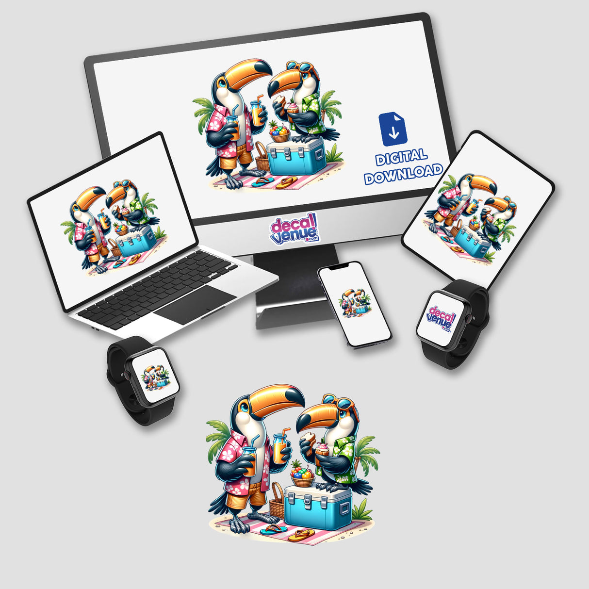 Toucan Birds Having a Picnic displayed on a computer monitor and laptop with vivid cartoon characters and toucans, available as stickers or digital artwork from Decal Venue.