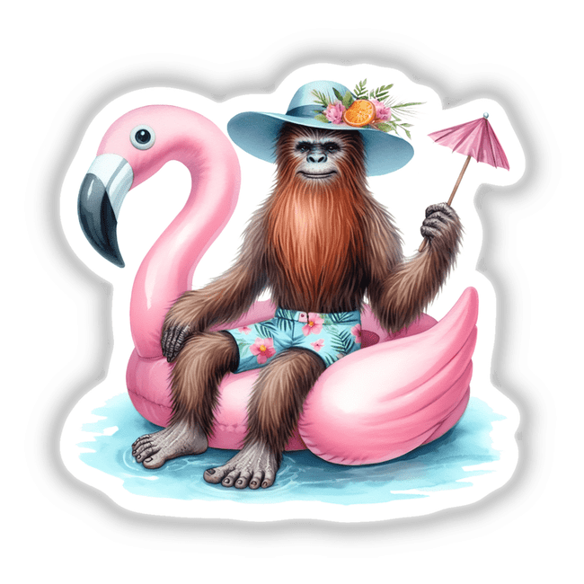 Tropical Sasquatch Sitting in Flamingo Float: A whimsical cartoon of a monkey in a hat and shorts, perched on a pink flamingo float, available as stickers or digital artwork.