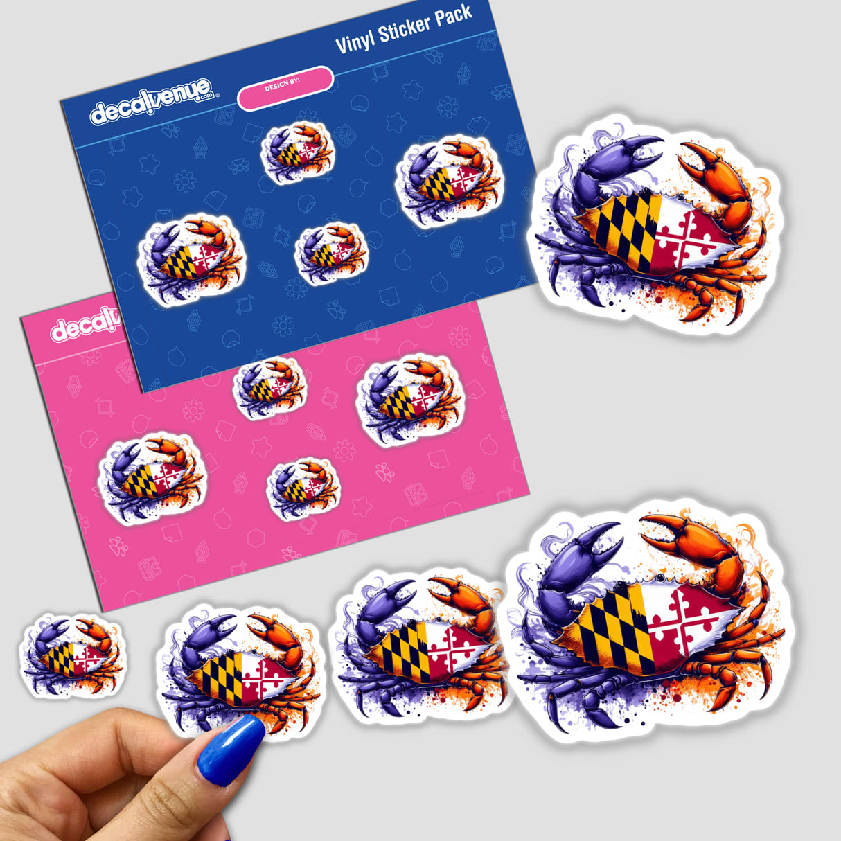 Purple and Orange Maryland Flag Crab sticker, featuring a crab holding a flag. The design is available as vinyl stickers or digital artwork, perfect for adding unique nautical flair.