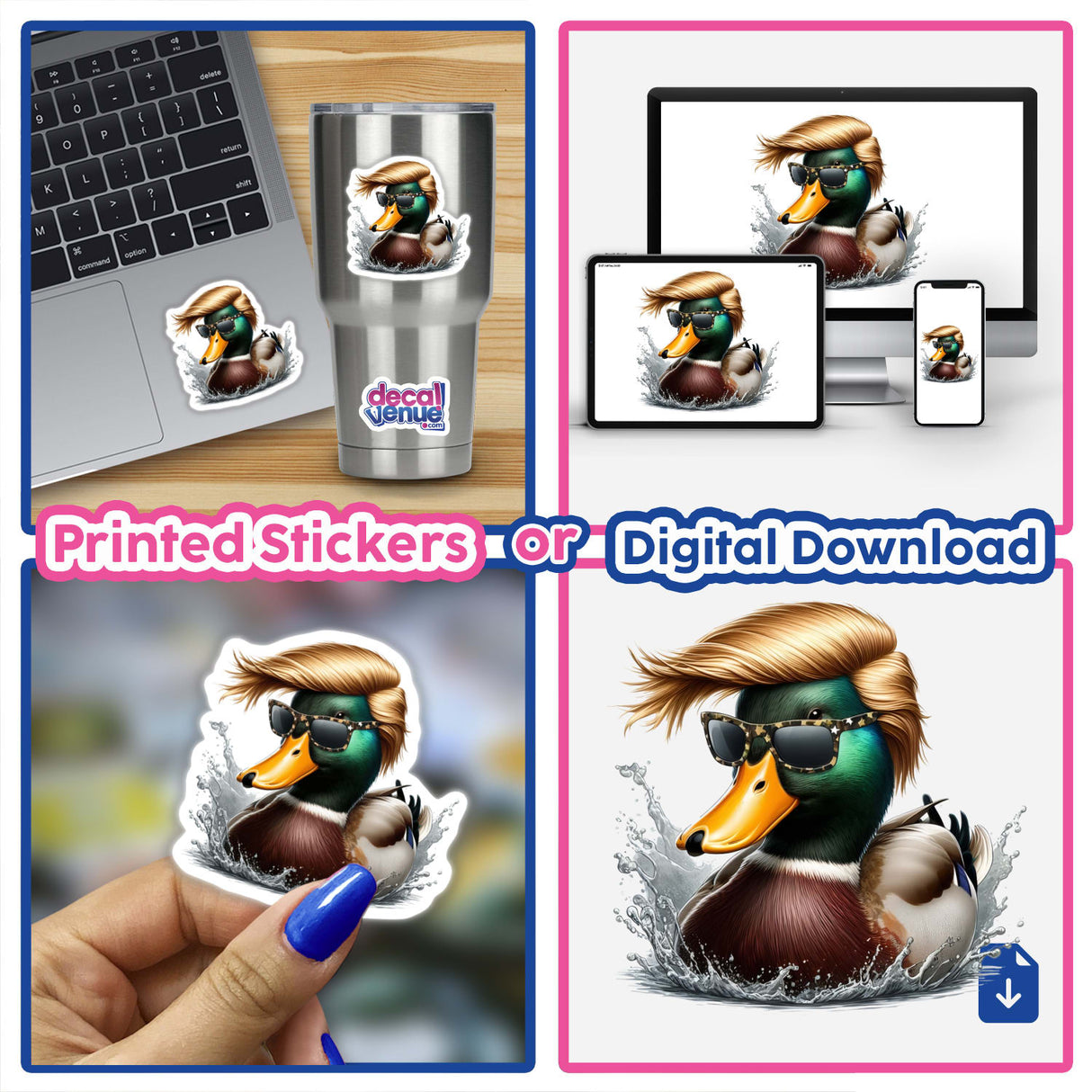 Mallard Duck Trump Hair sticker collage featuring ducks with sunglasses and wigs, available as stickers or digital artwork from Decal Venue.