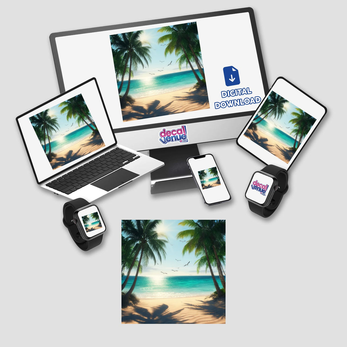 Tropical Paradise Seagulls Over Ocean Shore depicted on a laptop and tablet screen, showcasing vibrant stickers or digital artwork, featuring palm trees and seagulls in a serene beach setting.