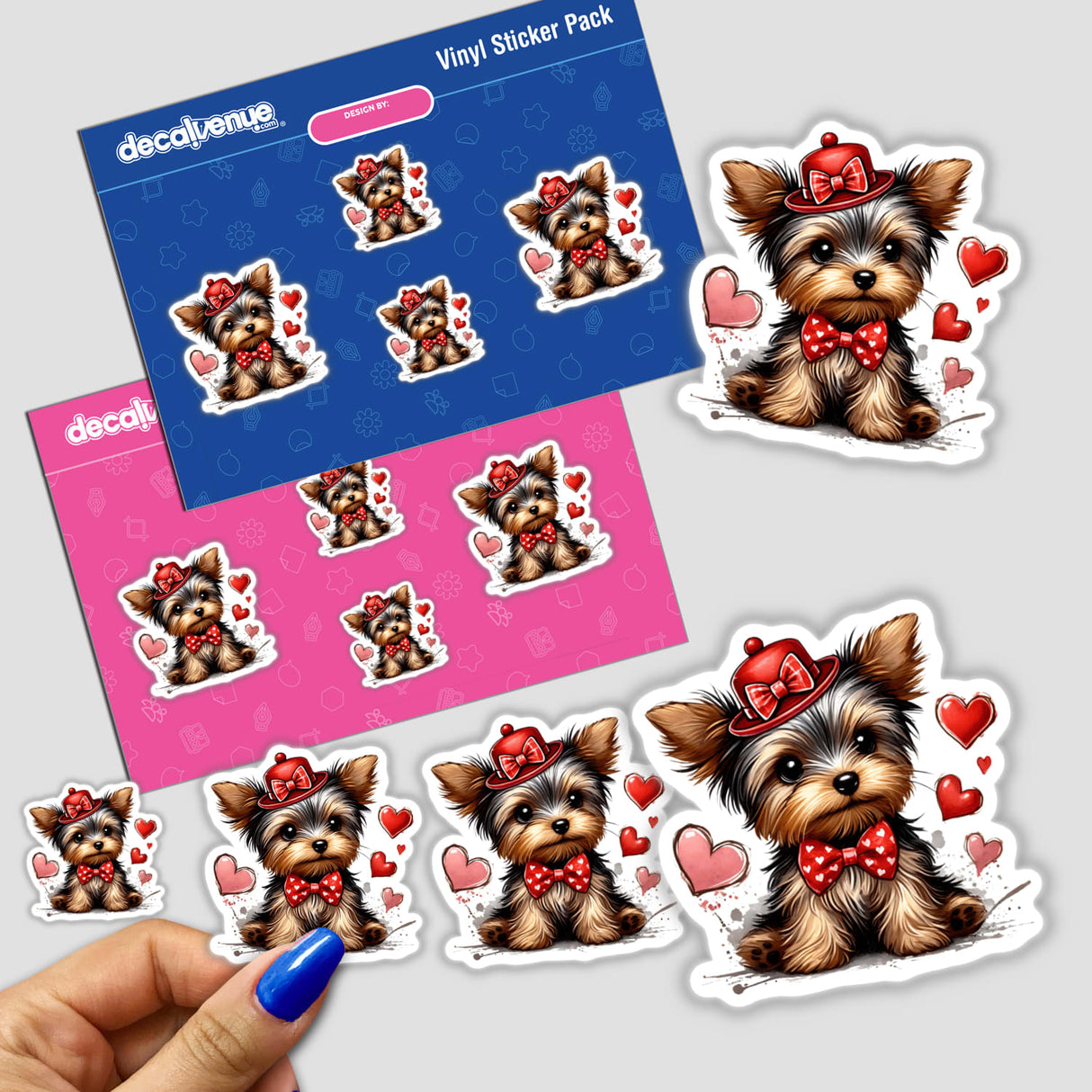 Floating Hearts Yorkie Dog sticker featuring adorable cartoon dogs in hats and bow ties, surrounded by hearts. Available as unique vinyl stickers or digital artwork from Decal Venue.