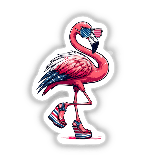 Sassy American Flamingo in Wedges: Cartoon flamingo with aviator sunglasses and platform sandals, styled with American flag patterns. Available as stickers or digital artwork from Decal Venue.