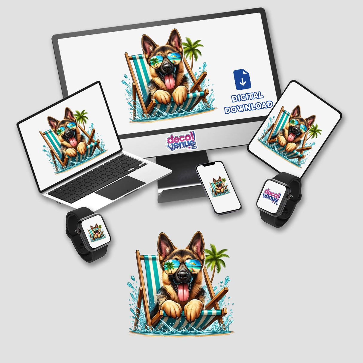 Peeking German Shepherd Dog in Beach Chair depicted on laptop screen, ideal as stickers or digital artwork from Decal Venue, showcasing unique and playful vinyl sticker designs.