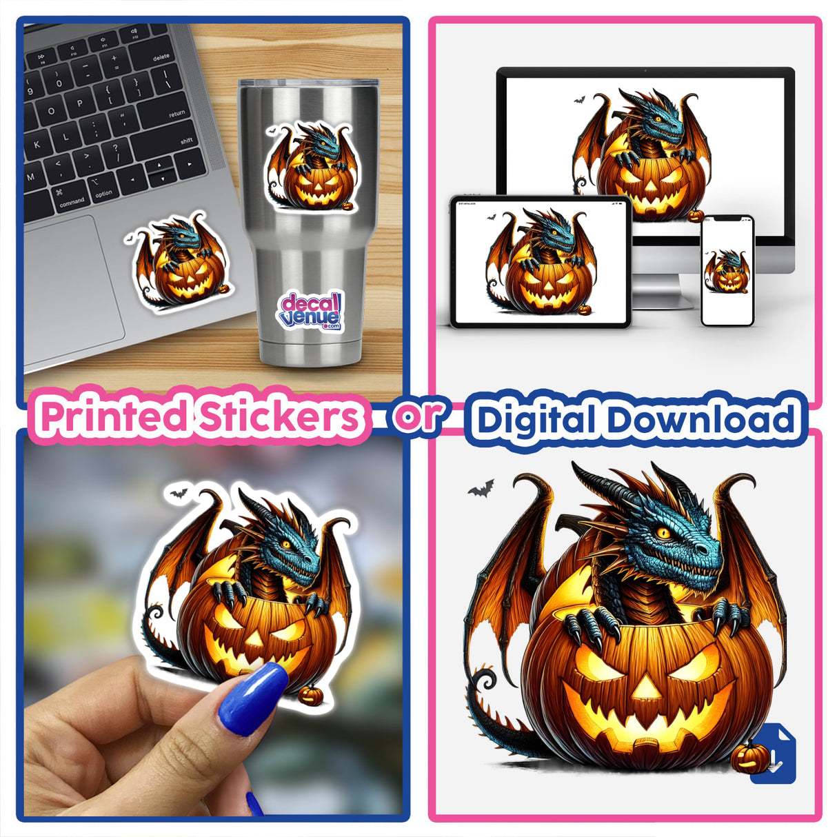 Dragon Peeking Out of Pumpkin Halloween - Digital artwork featuring a dragon peeking out of an intricately carved pumpkin, available as printed stickers or digital download from Decal Venue.