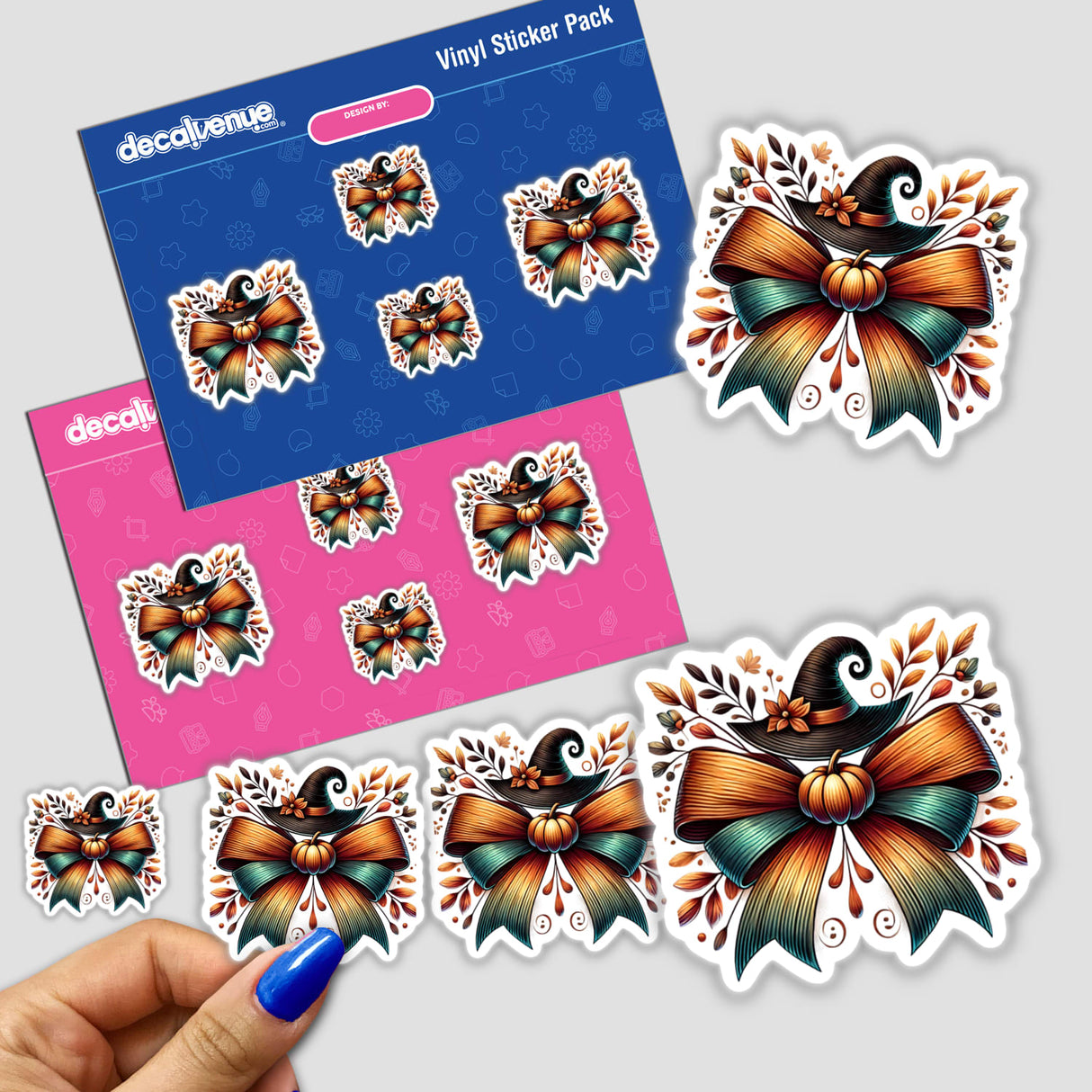 Halloween Coquette Bow Witch Hat Pumpkin sticker featuring a cartoon bow, witch hat, and pumpkin design. Available as stickers or digital artwork.