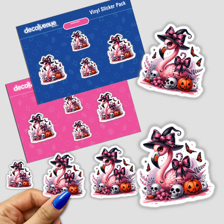 Halloween Flamingo Bird Witch stickers featuring a cartoon flamingo with a hat surrounded by skulls. Available as stickers or digital artwork from Decal Venue.