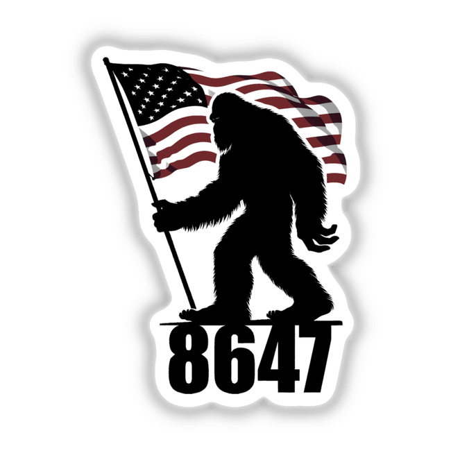 Sasquatch 8647: Black and white sticker featuring a silhouette of a yeti holding a flag, ideal for unique vinyl sticker collections or digital artwork from Decal Venue.