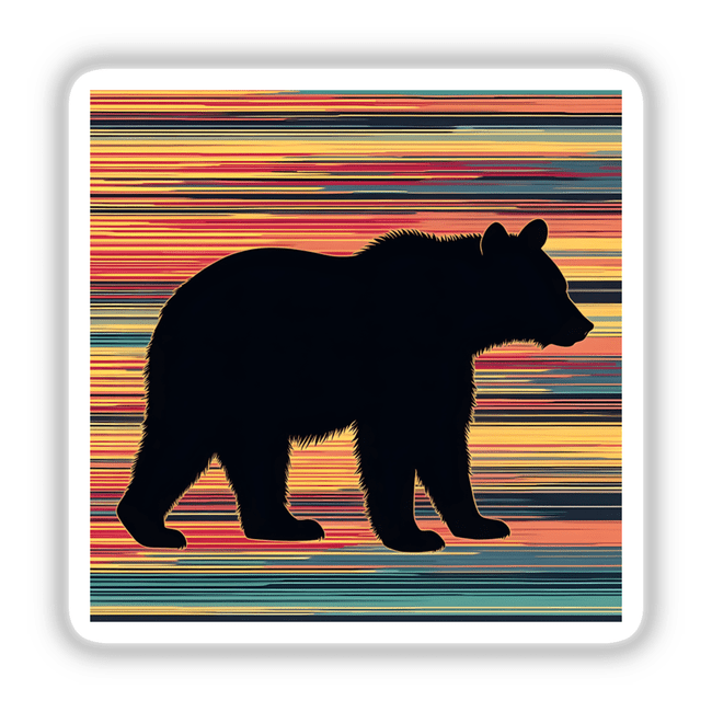 Bear Silhouette with Multi-Color Stripe available as stickers or digital artwork, featuring a black bear silhouette against a vibrant, striped background. Perfect for adding unique flair to any surface or digital project.