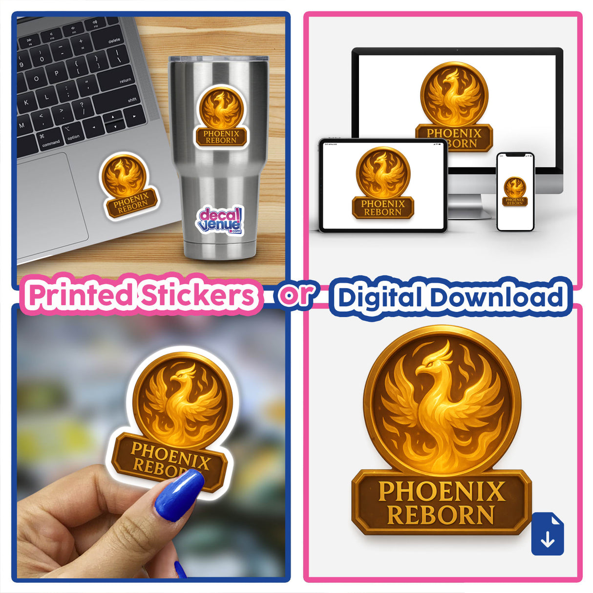 Phoenix Reborn – RPG-Style Skill Badge features a striking gold flame crest, available as stickers or digital artwork, epitomizing Decal Venue's unique vinyl and digital art collection.