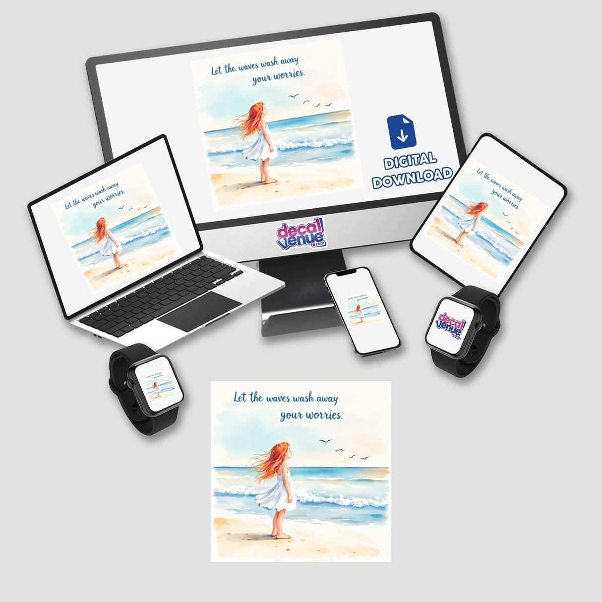 Young Girl on a Sandy Beach – “Let the waves wash away your worries” featured on a computer monitor and laptop screen, available as stickers or digital artwork from Decal Venue.