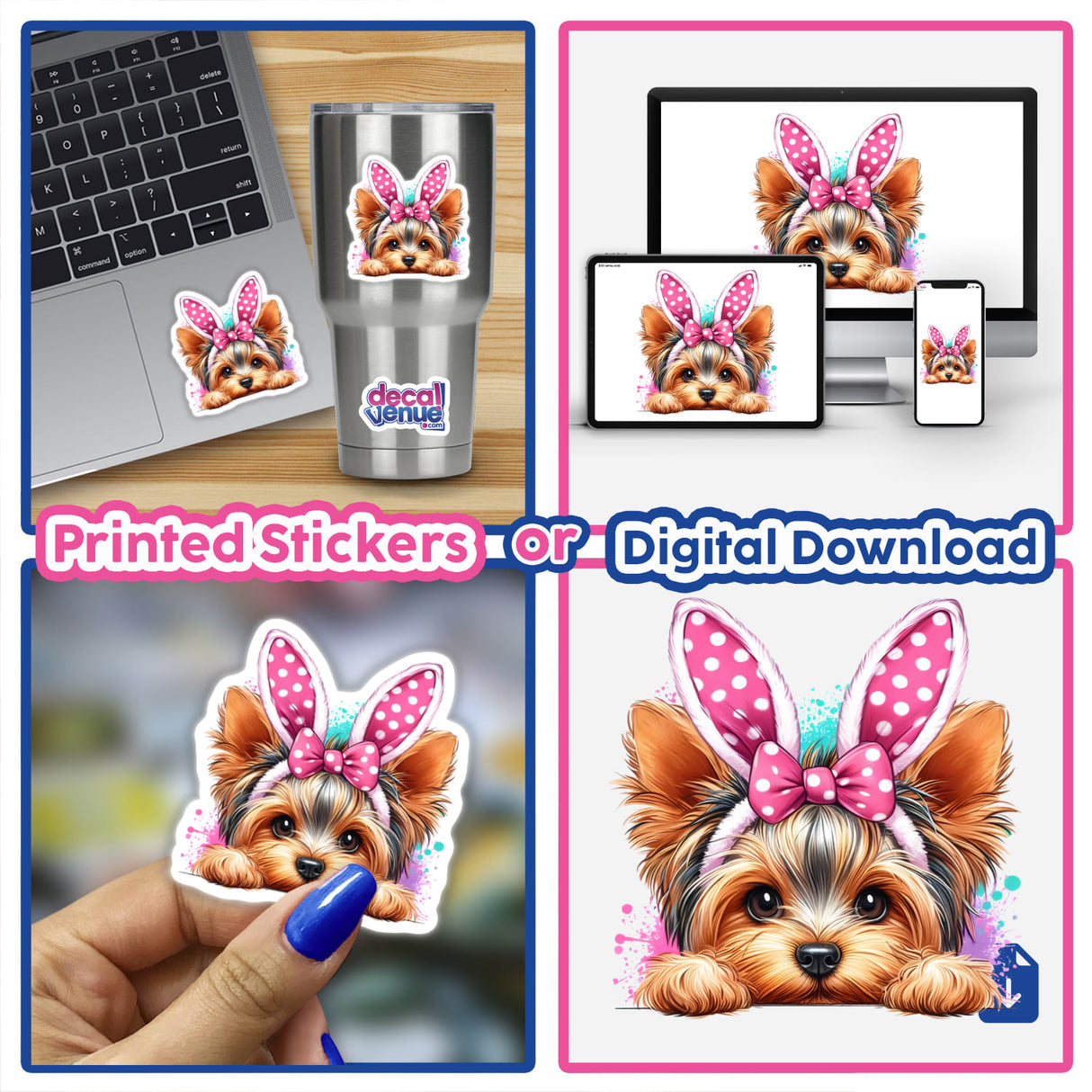 Peeking Easter Bunny Yorkie Dog sticker collage featuring a Yorkie with bunny ears on items like a laptop and cup, available as stickers or digital artwork from Decal Venue.