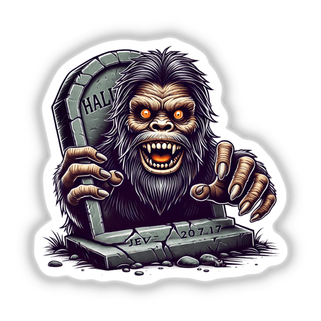 Fierce Halloween Sasquatch emerging from a tombstone with menacing claws and bared teeth
