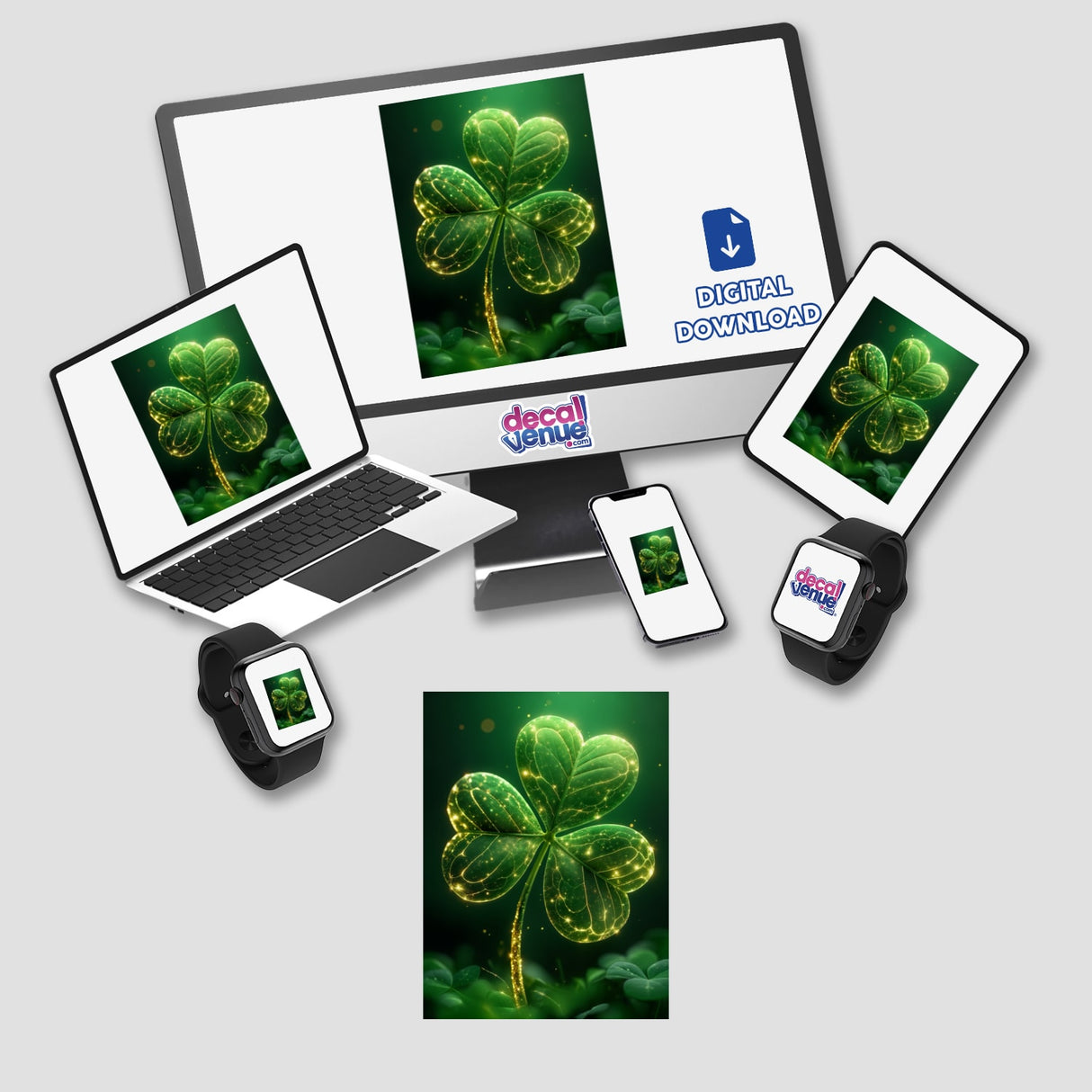 Glowing Shamrock – Sparkling Clover with Golden Light displayed on multiple electronic screens, including a laptop and smartwatch, showcasing its availability as unique stickers or digital artwork.