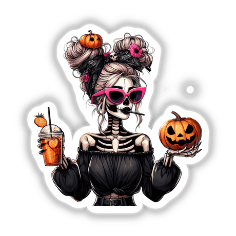 Halloween Boujee Skeleton Mama: A cartoon skeleton holding a drink and pumpkins, featuring playful Halloween elements and quirky details, available as stickers or digital artwork.