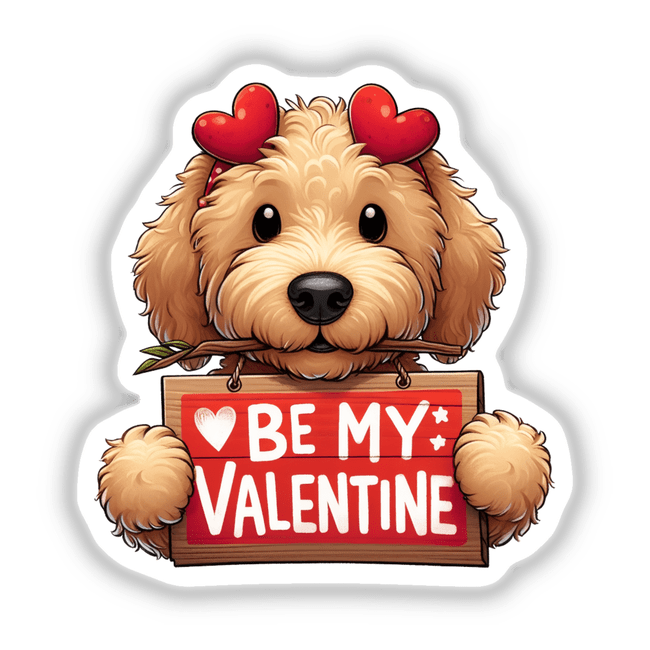 GoldenDoodle Be My Valentine: A cartoon dog holds a red sign with white text, surrounded by hearts, available as stickers or digital artwork from Decal Venue.