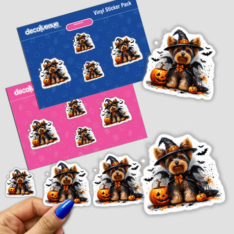 Halloween Yorkie Dog in Dracula Costume: A detailed sticker featuring a Yorkie dressed as Dracula, complete with hat and cape. Available as stickers or digital artwork from Decal Venue.