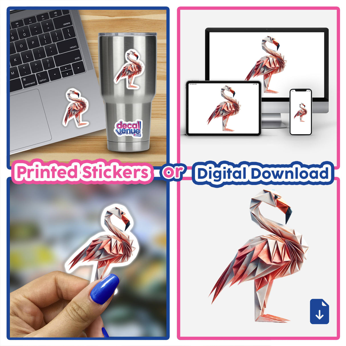 Collage featuring Origami Flamingo stickers and digital downloads from DecalVenue, showcasing playful designs for DIY crafts, card making, and home decor.