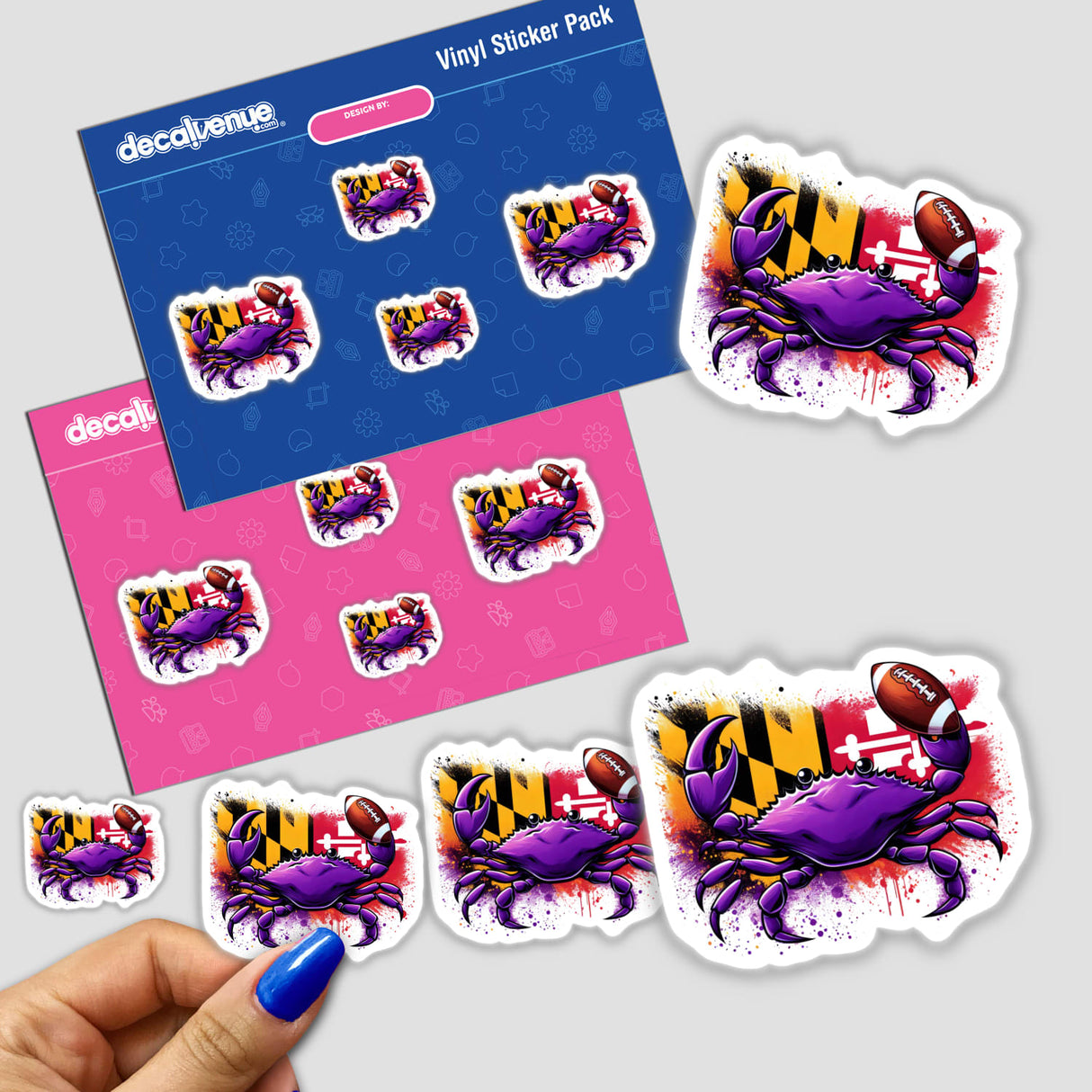 Purple Crab Maryland Flag Splatter Football sticker featuring a cartoon purple crab holding a football, perfect for unique decorations or digital artwork.