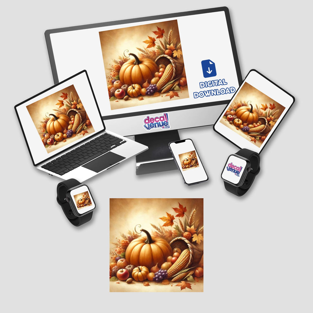 Harvest Glow - Thanksgiving Pumpkin and Cornucopia artwork displayed on a laptop, tablet, and cellphone screens, depicting a festive pumpkin and cornucopia scene. Available as stickers or digital artwork.