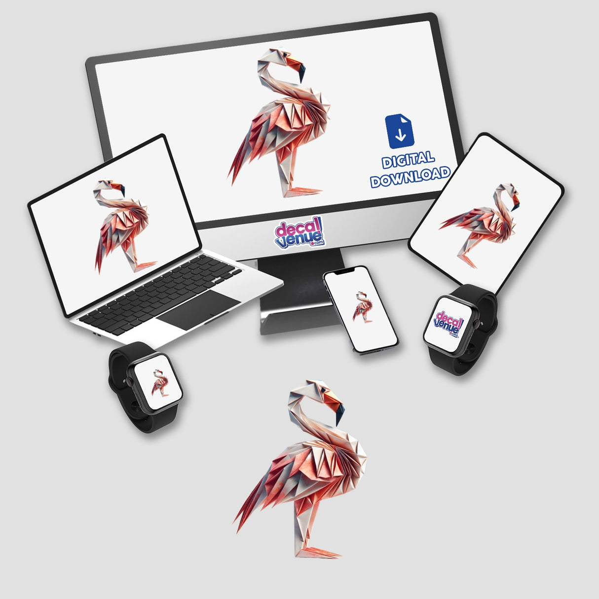 Origami Flamingo design displayed on a computer monitor, laptop, tablet, phone, and smartwatch, perfect for adding playful creativity to projects from DecalVenue.