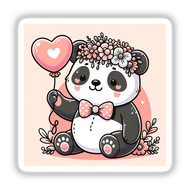 Cute Panda with Flower Crown and Heart Balloon sticker or digital artwork, featuring a cartoon panda holding a heart balloon, adorned with a flower crown and bow tie, ideal for unique decor.
