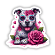 Sugar Skull Roses Pitbull Dog illustration featuring a pitbull adorned with a rose, available as unique stickers or digital artwork, embodying Decal Venue's distinctive style of vinyl and digital art.