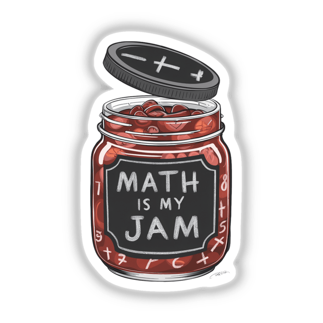 "Math Is My Jam" - Colorful digital art featuring a canned jam jar with mathematical symbols, available as stickers or digital downloads.
