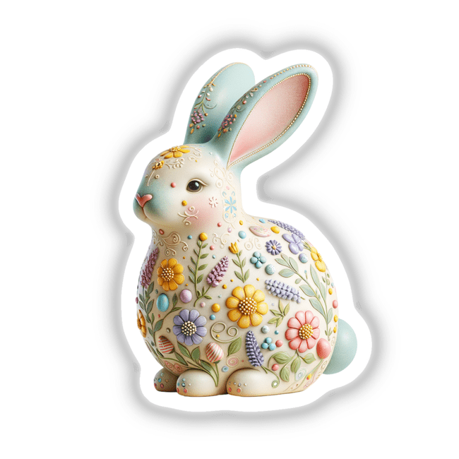 Hand-Painted Easter Bunny Figurine with Floral Design featuring intricate flowers and leaves, available as stickers or digital artwork, embodying Decal Venue's unique style in vinyl and digital art.