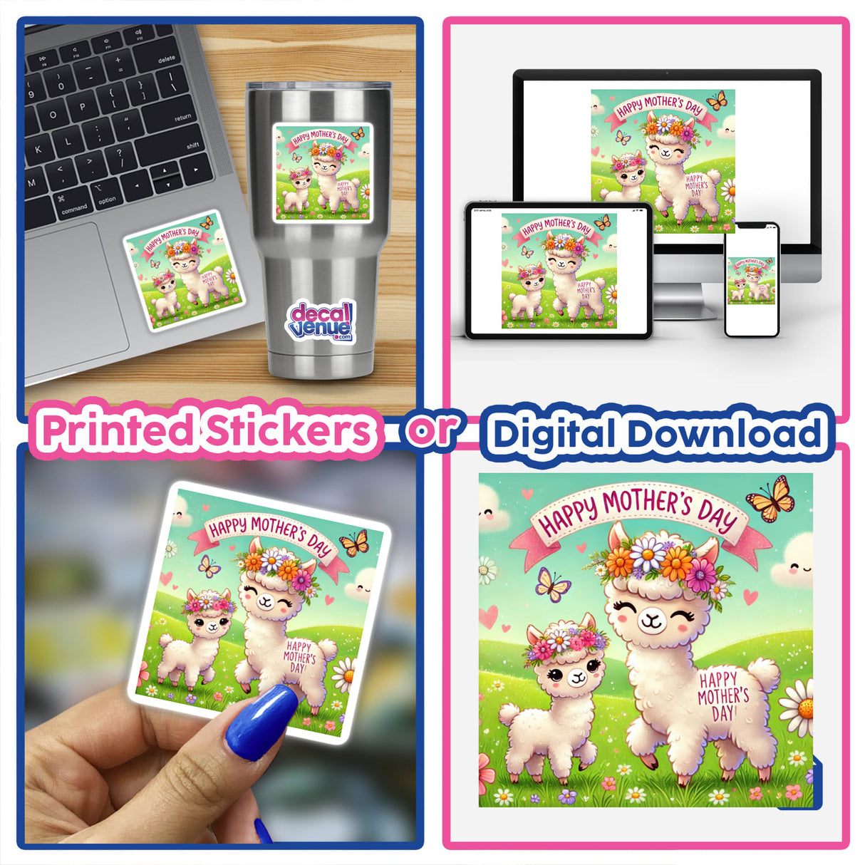 Two Cute Llamas for Mothers Day Surrounded by Flowers, available as stickers or digital artwork, featuring two endearing llamas amidst a floral setting, ideal for unique vinyl applications or digital decor.