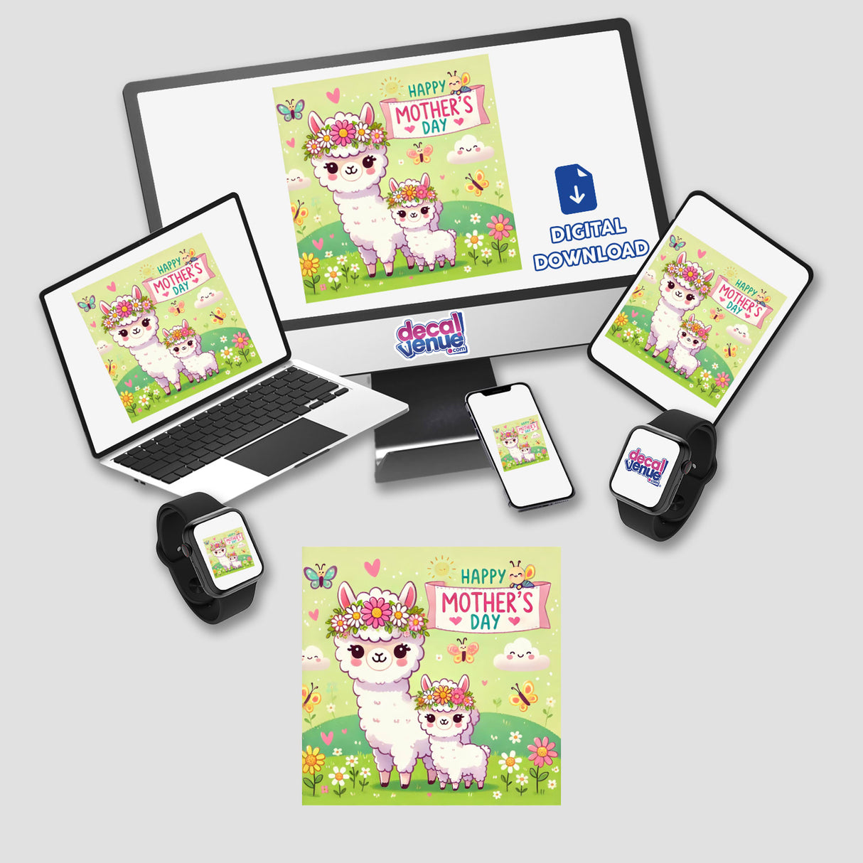 Mother's Day Alpaca Graphic Floral Happy Scene as stickers or digital artwork, depicting a joyful alpaca surrounded by flowers, perfect for gifting or personalizing spaces with a unique touch.