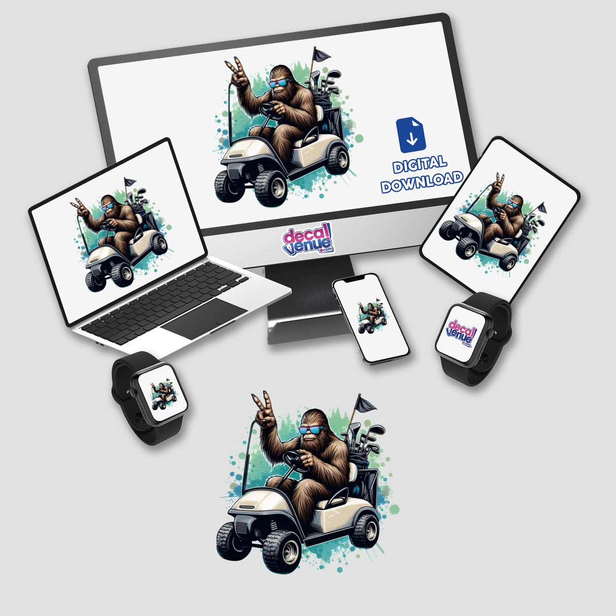 Sasquatch in Golfing Cart depicted as whimsical vinyl sticker or digital artwork, highlighting a playful Sasquatch character driving a golf cart. Ideal for fans of unique, creative designs.