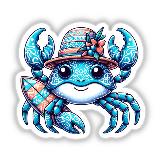 Sand Crab in Summer Beach Hat with Surfboard