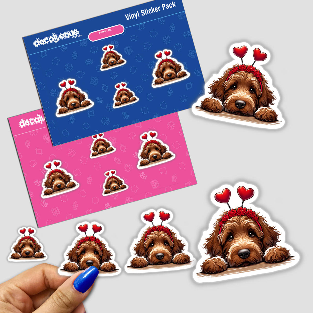 Peeking Brown Valentine Goldendoodle Dog II stickers feature cartoon dogs with hearts and flower crowns, perfect for adding charm to any surface. Available as stickers or digital artwork.