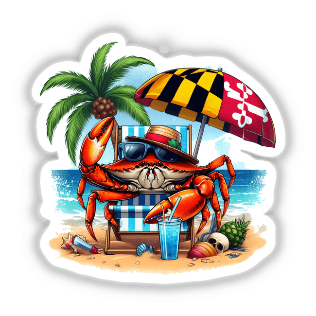 Maryland Shore Blue Crab Sitting on Beach II sticker shows a cartoon crab lounging with sunglasses and a drink, surrounded by palm trees and an umbrella, perfect for adding summer vibes to your items.