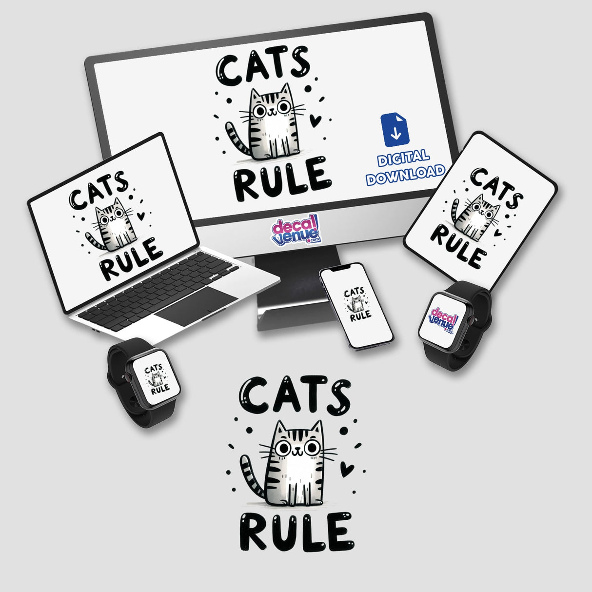 Cats Rule stickers or digital artwork featuring a computer monitor, laptop, mouse pad, and smartwatch, all displaying cat images, emphasizing a playful and tech-savvy theme from Decal Venue.