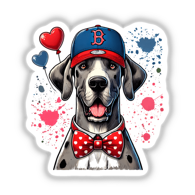 Great Dane in Baseball Hat sticker features a dog wearing a stylish hat and bow tie, perfect for adding charm to any space. Available as vinyl stickers or digital artwork.