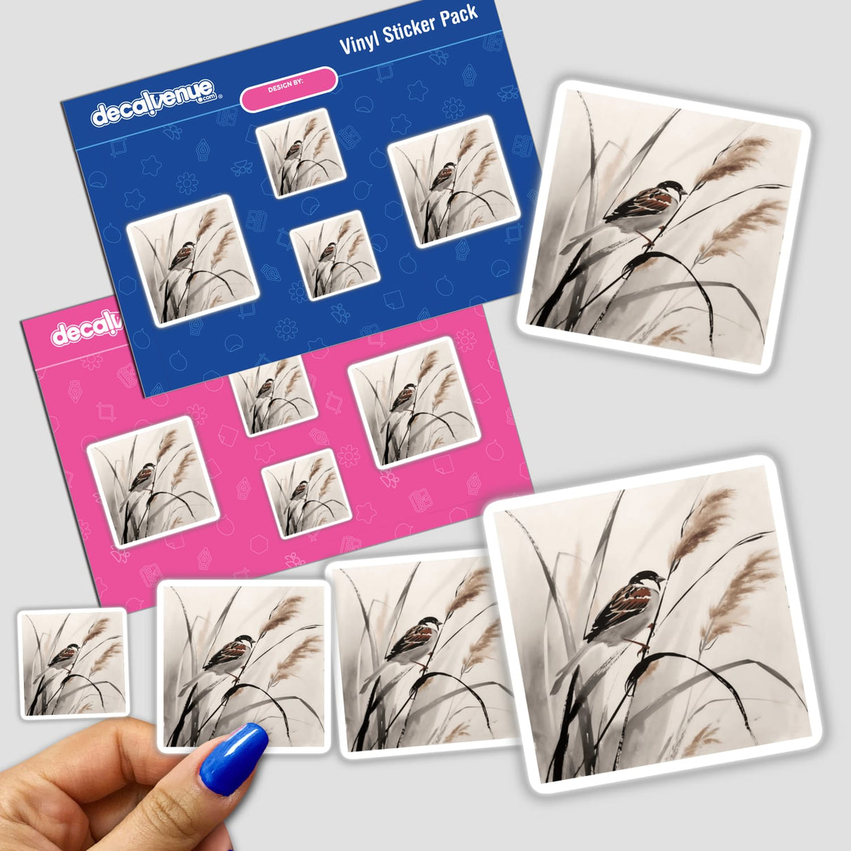 Sumi-e Sparrow on Reed Delicate Japanese Watercolor Scene, available as stickers or digital artwork, depicts a sparrow perched on reeds, capturing the elegance of traditional Japanese brushwork.