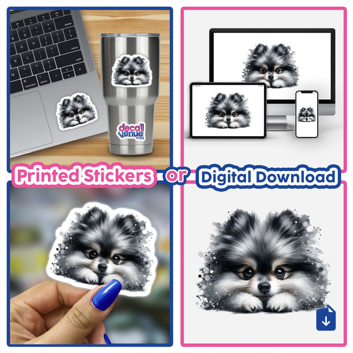 Collage displaying Peeking Sable Wolf Pomeranian Splatter stickers on a laptop and cup, showcasing unique vinyl designs from Decal Venue.