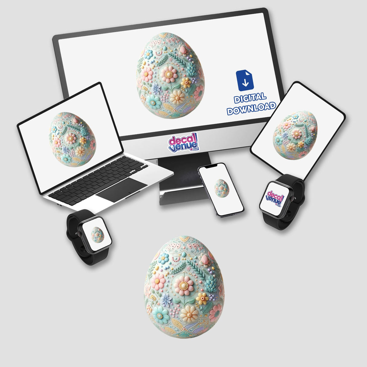 Decorative Easter Egg with Floral Design displayed on a computer monitor and laptop, available as stickers or digital artwork from Decal Venue, specializing in unique vinyl stickers and digital art.