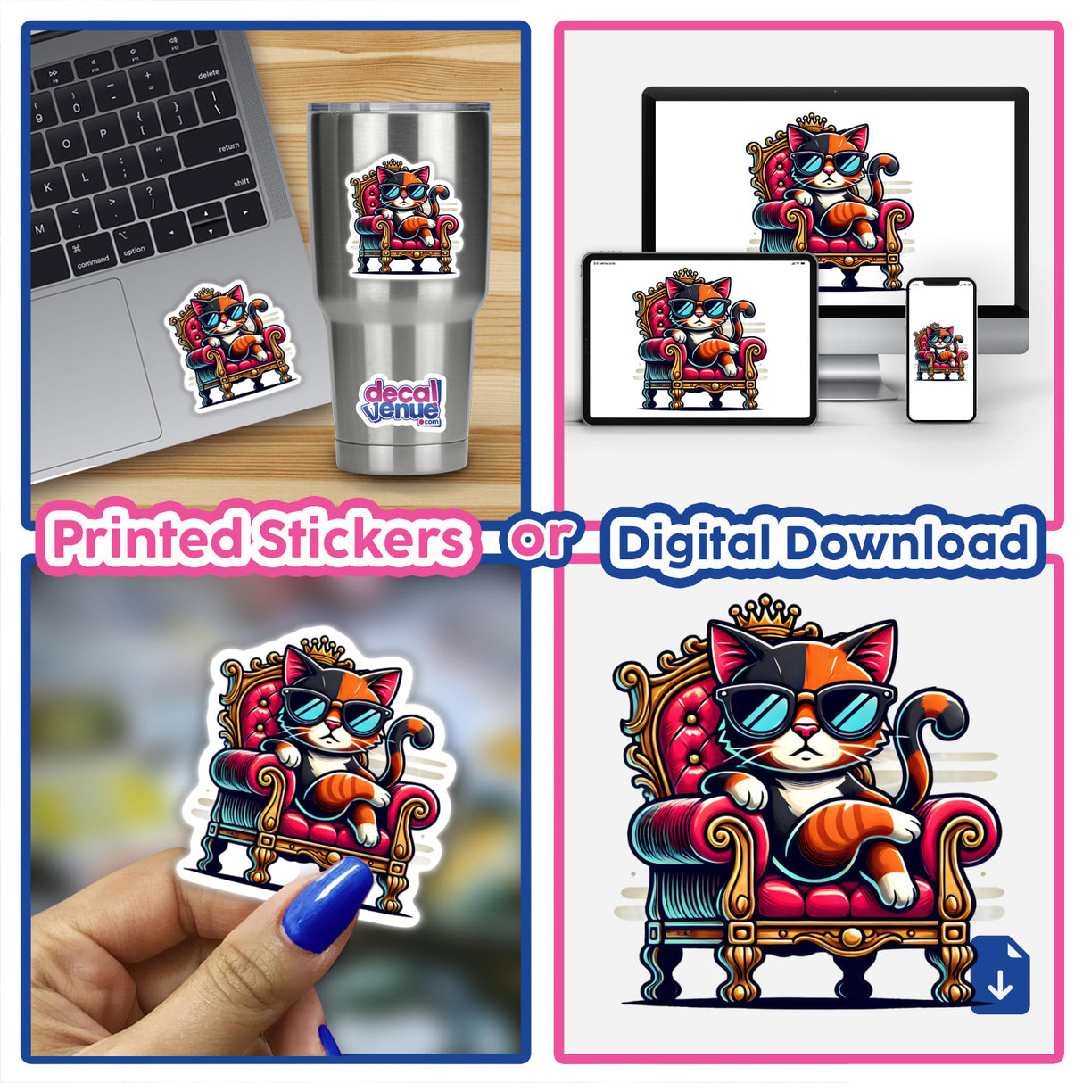 Sassy Cat Royalty Cool Cat on a Throne stickers and digital artwork featuring a cat in sunglasses sitting on a chair, perfect for laptops and personalizing items.