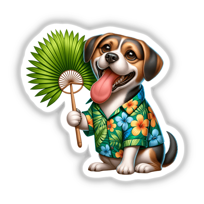 Dog in Hawaiian Shirt Holding Palm Leaf Fan
