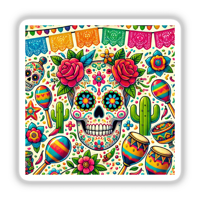 Sugar Skull Flowers Maracas And More Festive Elements depicted as vibrant art featuring a skull adorned with flowers and maracas, available as unique stickers or digital artwork from Decal Venue.