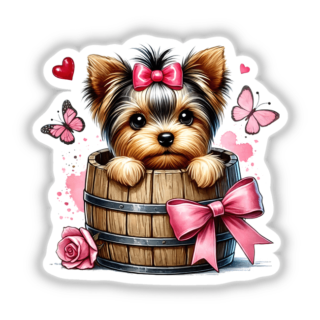 Yorkie Dog in a Barrel cartoon sticker or digital artwork, featuring a cute dog peeking from a wooden barrel adorned with a pink bow, available at Decal Venue.