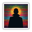 Silhouette of a vampire against colorful horizontal stripes, available as stickers or digital artwork.