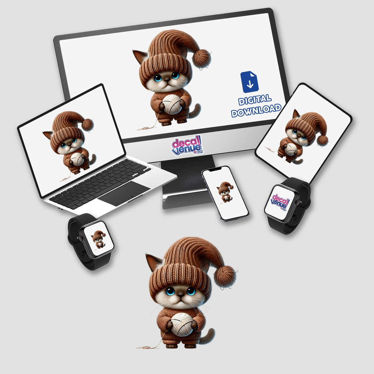 Adorable Burmese cat gnome clutching a ball of yarn, featured on digital artwork and merchandise from DecalVenue, an online store showcasing unique stickers and digital art.