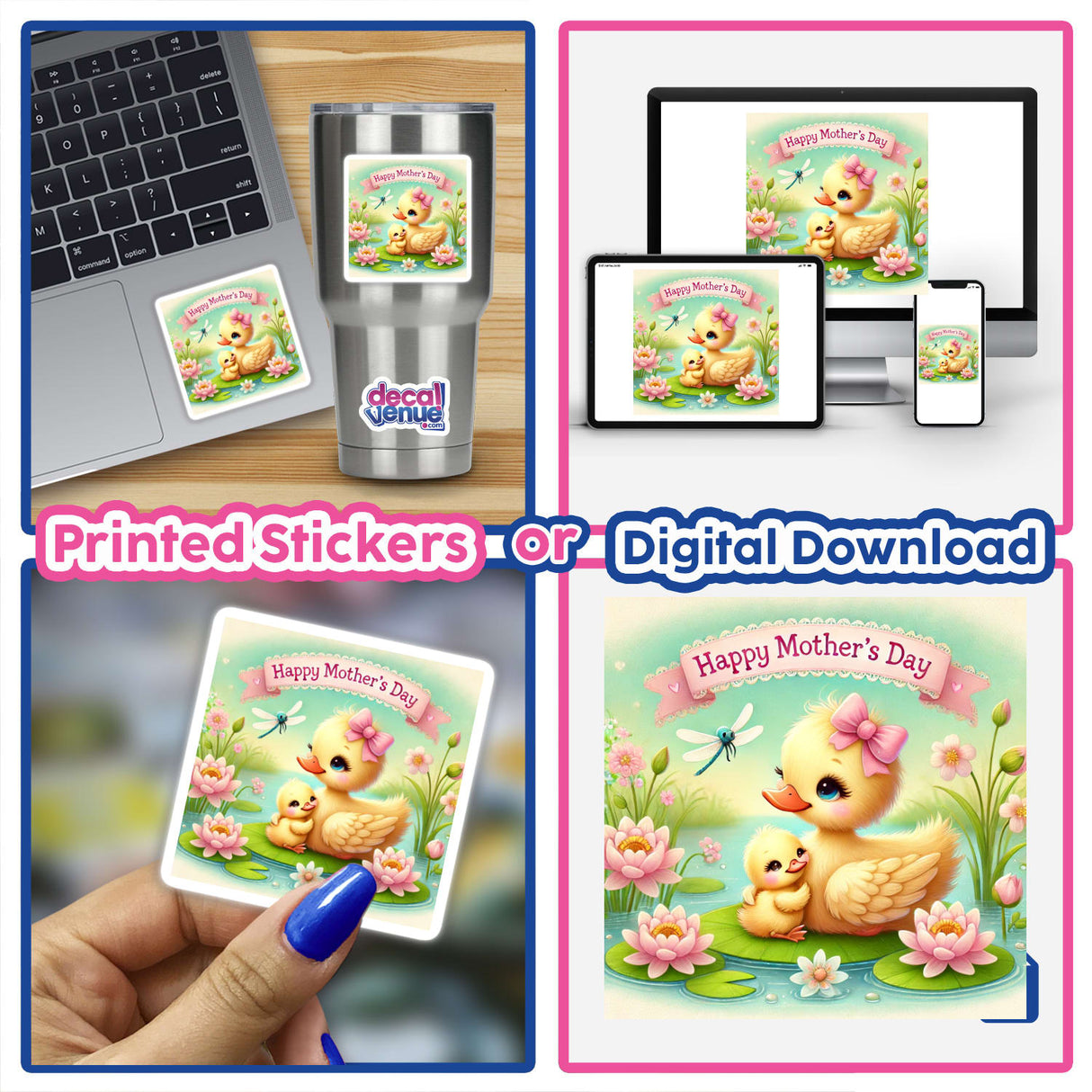 Happy Mothers Day Ducklings And Flowers With Pond: A collage featuring stickers and digital downloads of ducks and ducklings, ideal for Mother's Day greetings or decoration, available at Decal Venue.