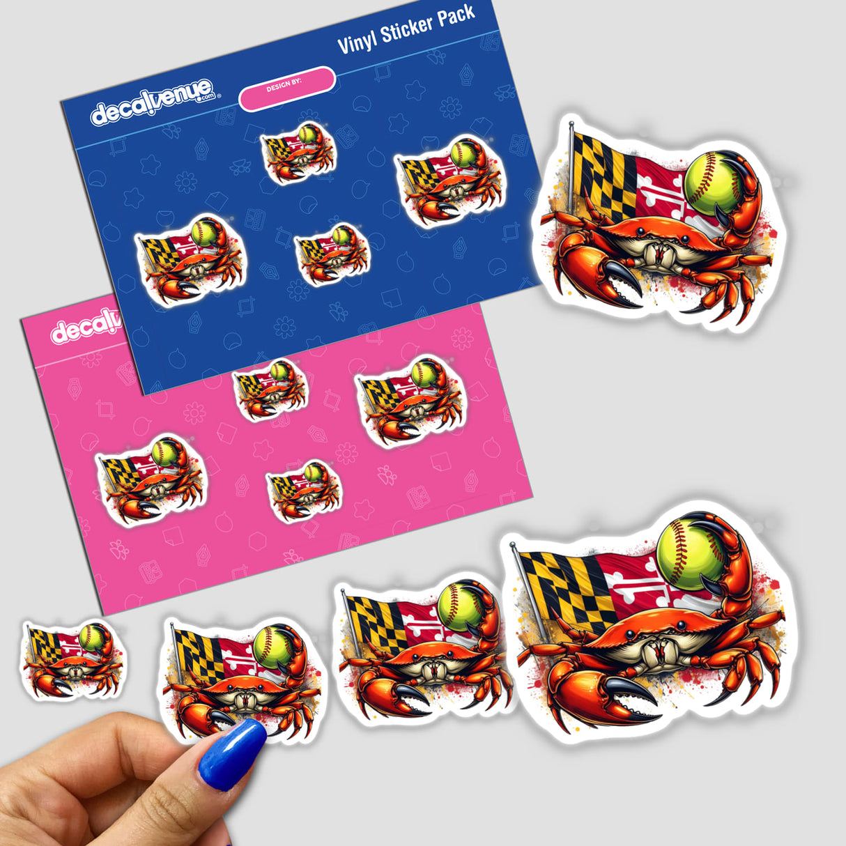 Maryland Flag Steamed Crab Softball Splatter sticker features a cartoon crab holding a baseball and flag, representing Maryland's spirit. Available as stickers or digital artwork from Decal Venue.