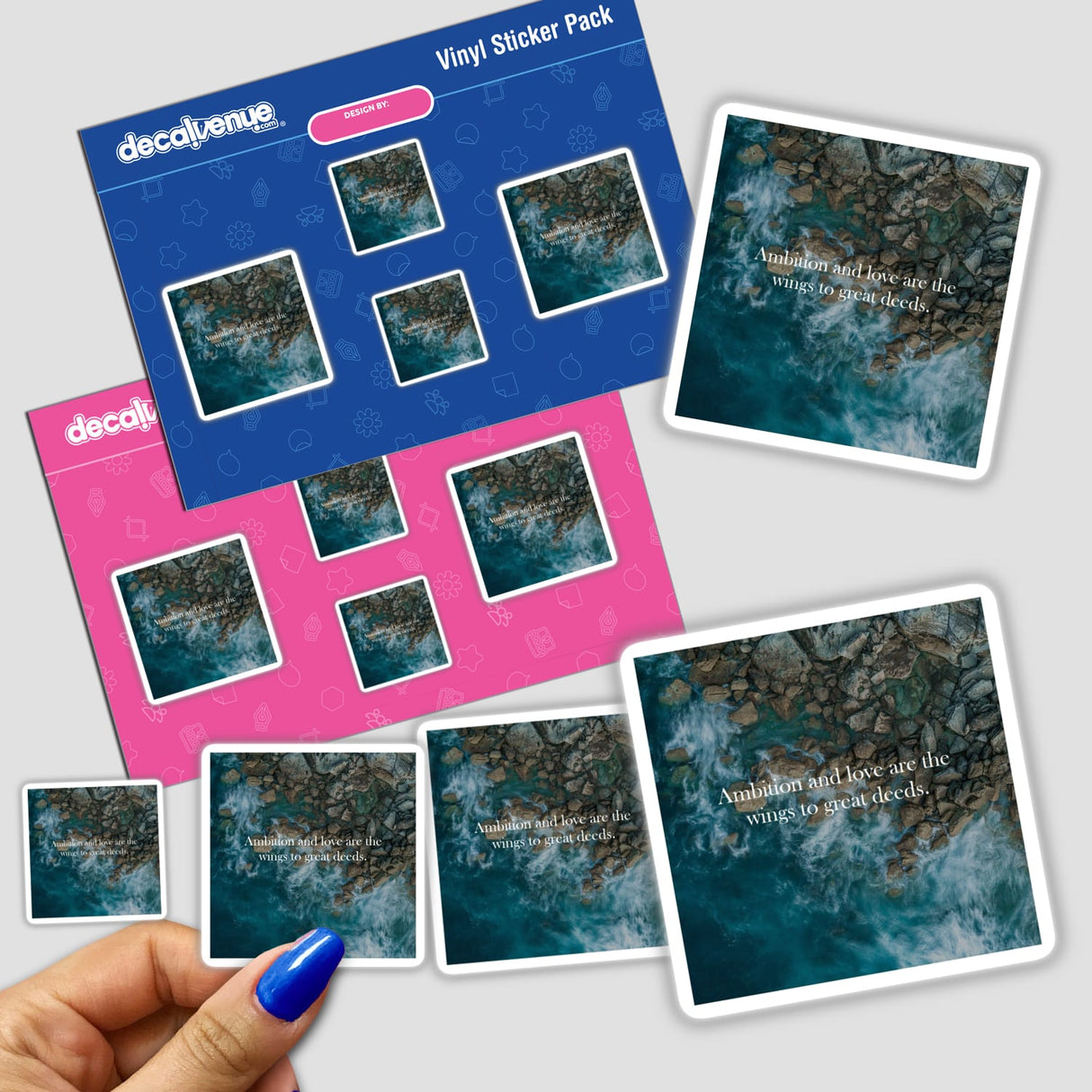 Aerial view of ocean waves crashing against rocks with the quote Ambition and love are the wings to great deeds, available as stickers or digital artwork from Decal Venue.