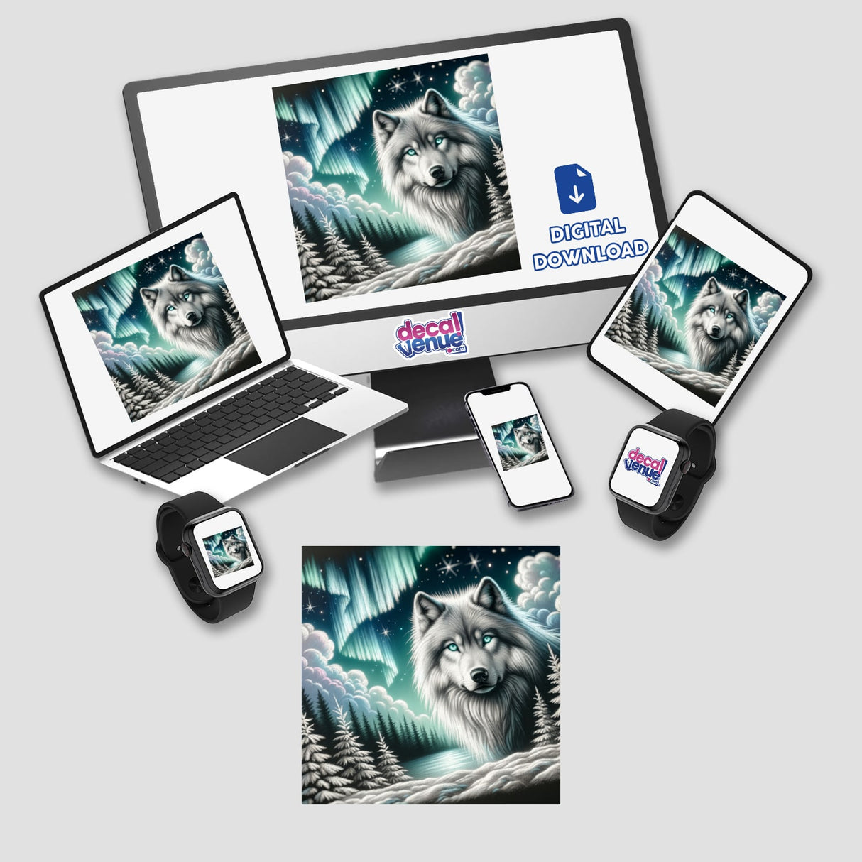 Wolf on a Snowy Ridge Under Aurora Lights displayed on a laptop screen, showcasing a white wolf with blue eyes, available as stickers or digital artwork from Decal Venue.